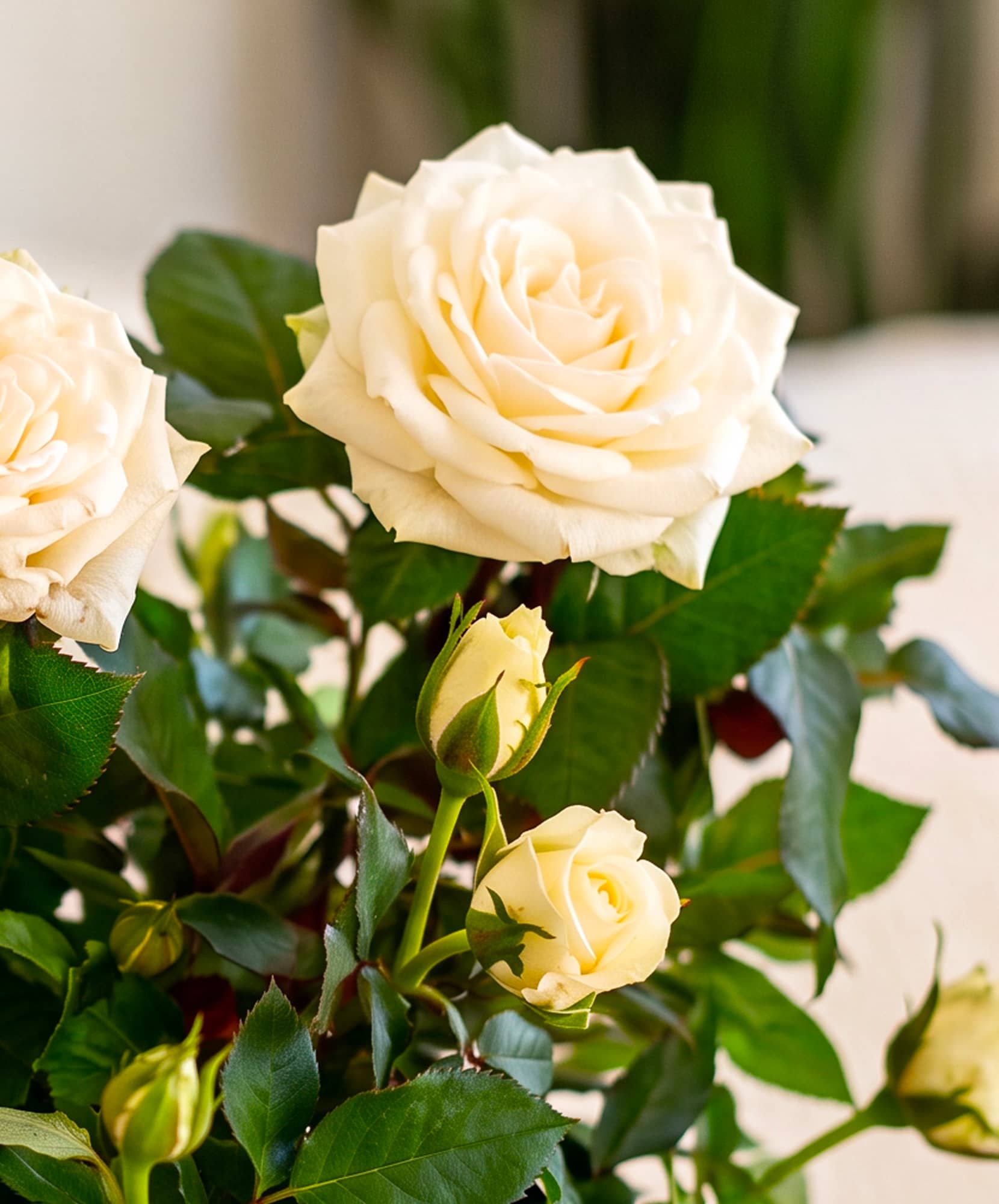 A captivating arrangement of creamy white roses with vibrant green leaves, ideal for any occasion.