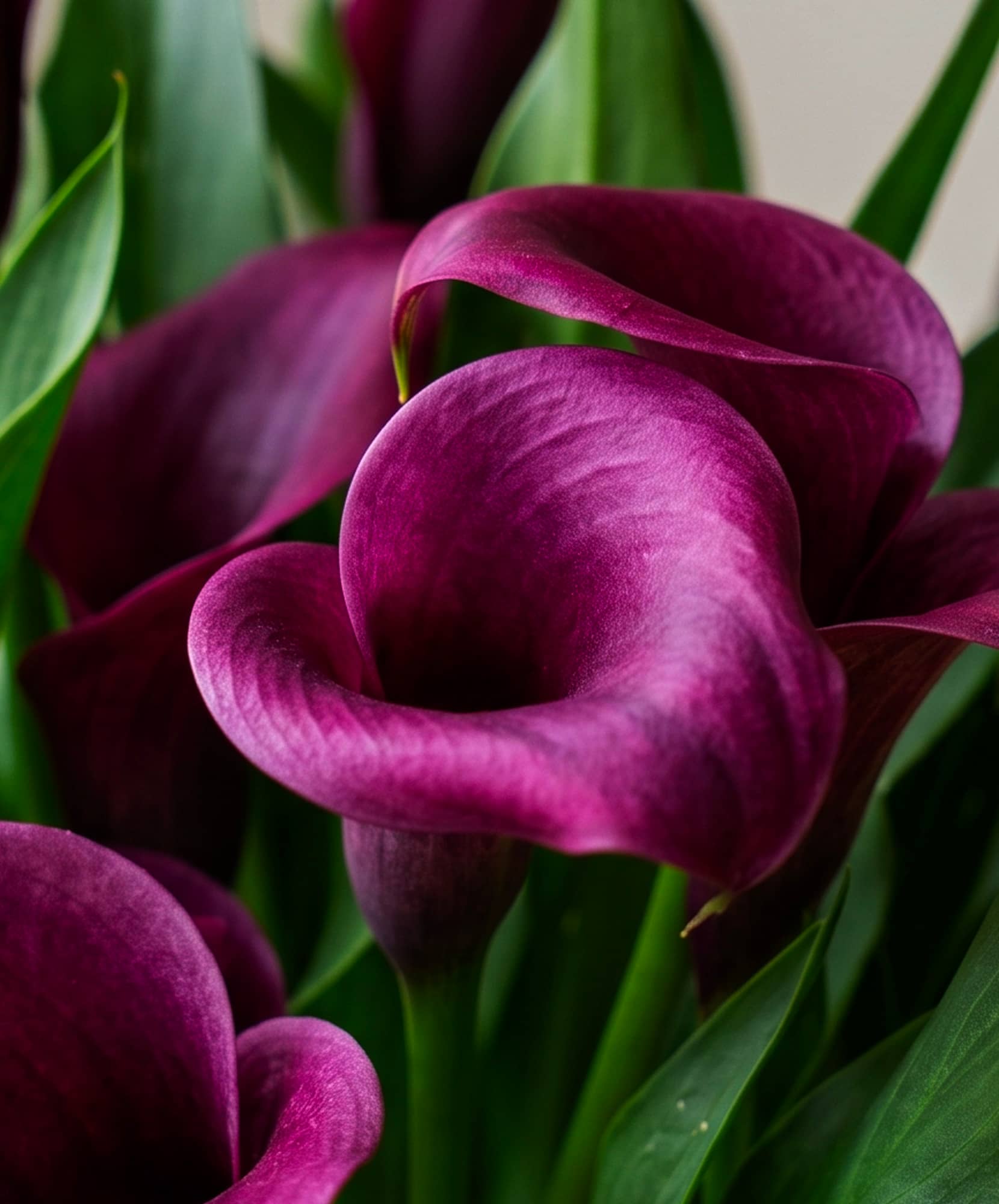 Beautiful purple calla lilies nestled among lush green leaves, creating a striking floral display.